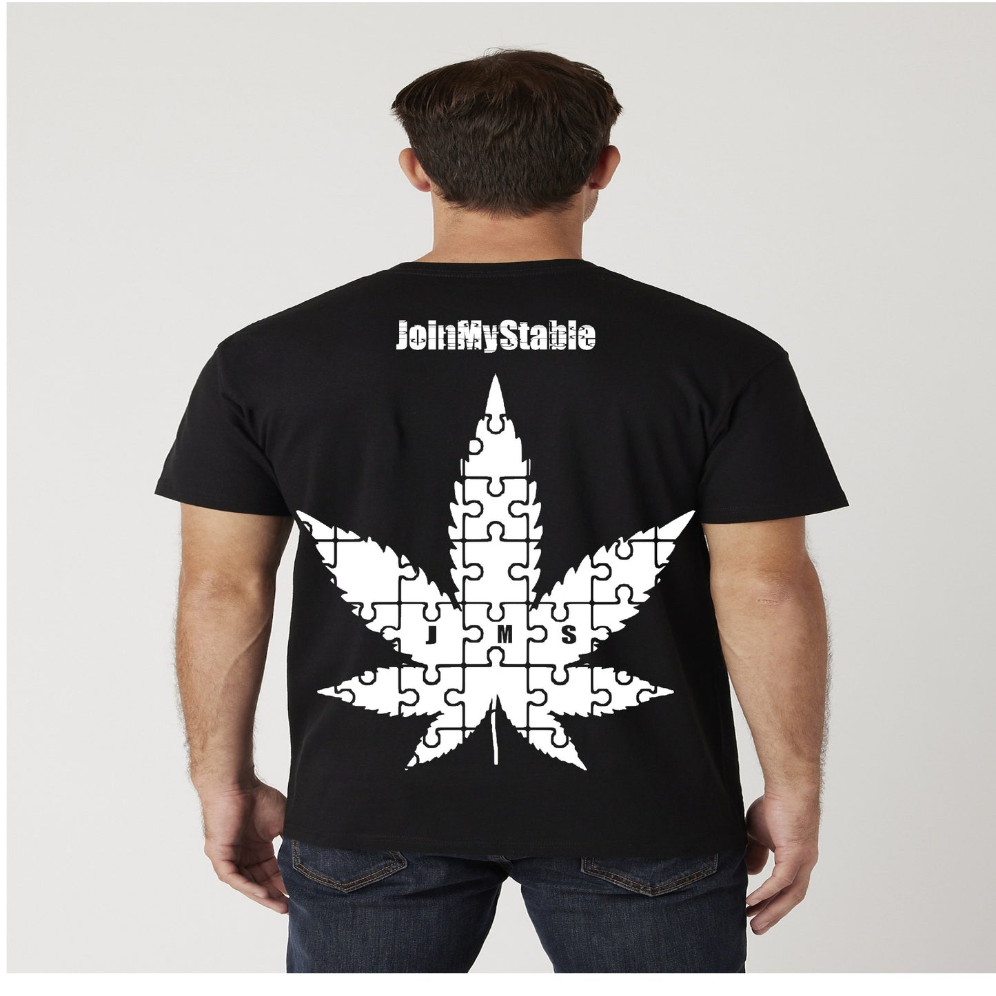 420 Friendly JMS Marijuana Leaf JoinMyStable Pigtail Puzzle Design T-shirt In Black And White