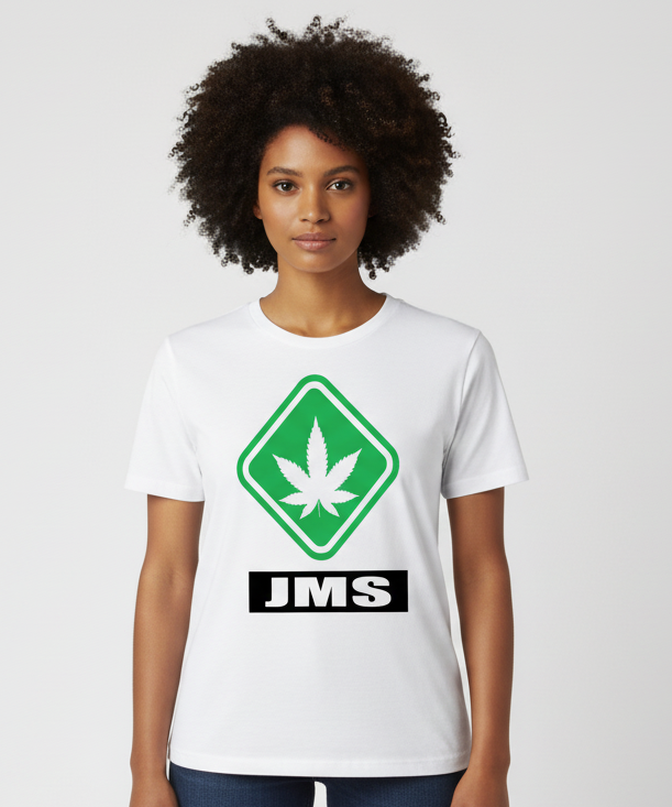 Ladies JMS Hazardous Marijuana Stamp T-shirt In White Green And Black Travis Scott Jordan Jumpman Match