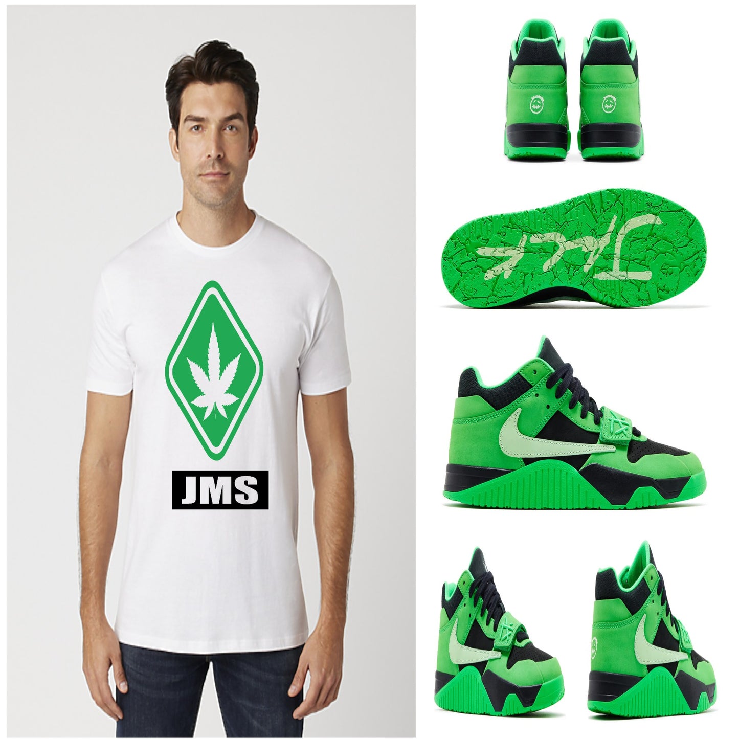 Men's JMS Hazardous Marijuana Stamp T-shirt In White Green And Black Travis Scott Jordan Jumpman Match