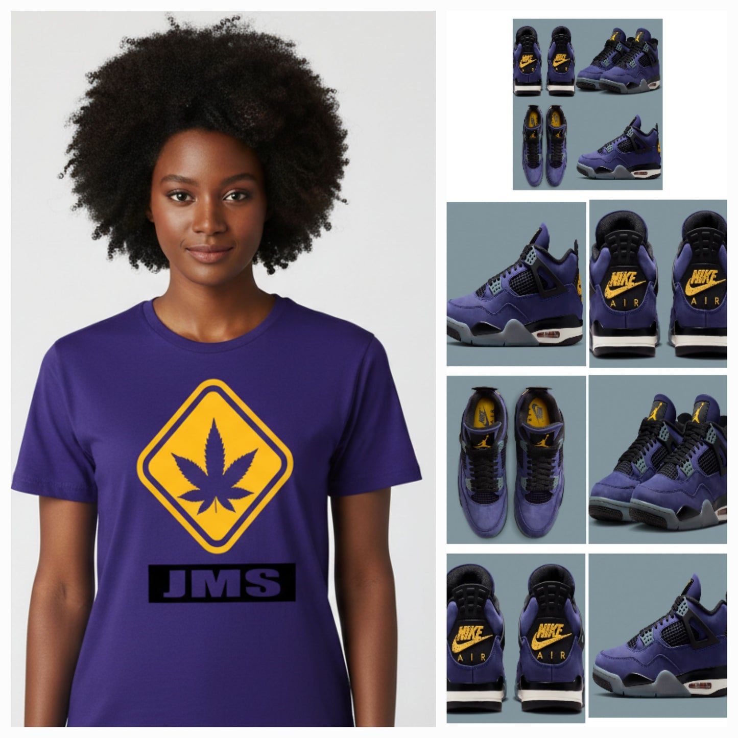 JMS Hazardous Marijuana Stamp T-shirt In Purple Mustard Yellow And Black Jordan 4's Retro Lakers Match