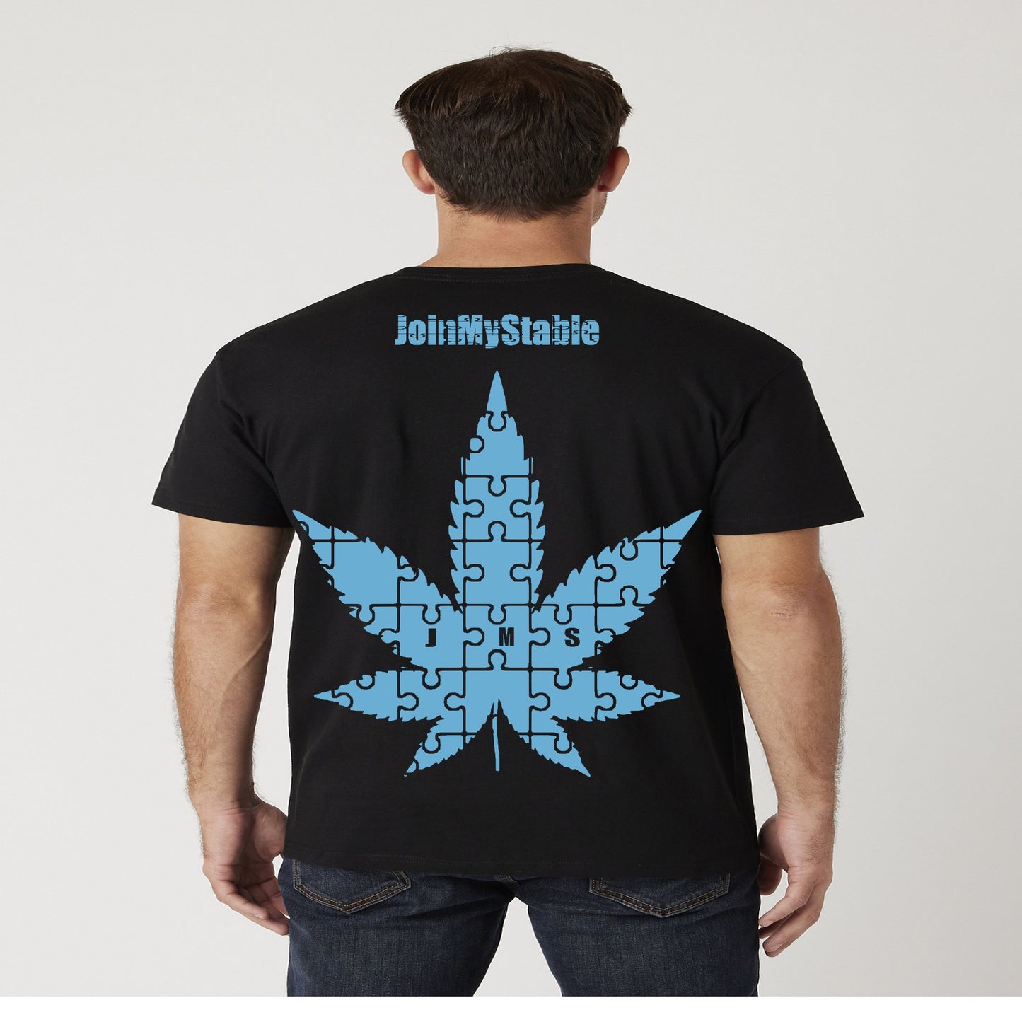 420 Friendly Stacked JMS Marijuana Leaf JoinMyStable Pigtail Puzzle Design T-shirt In Black And Baby Blue