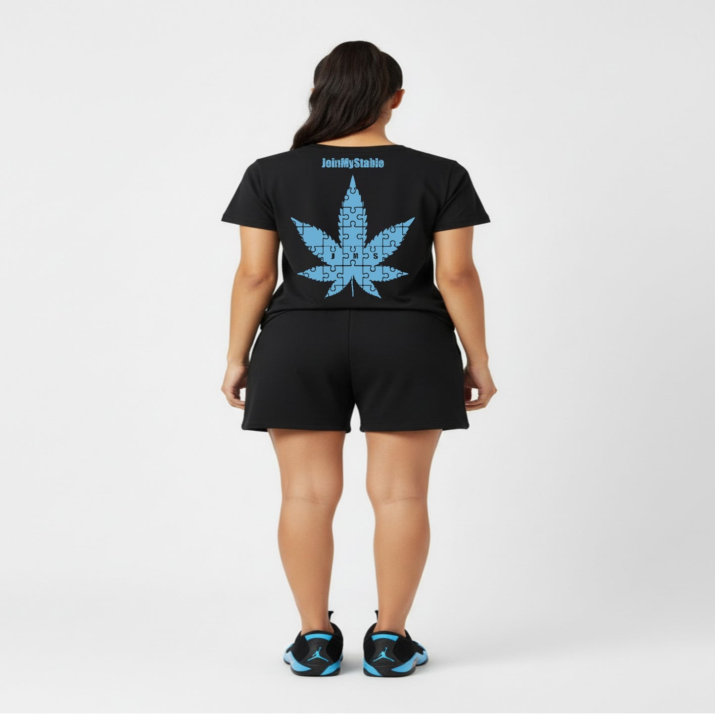 420 Friendly Ladies JMS Marijuana Leaf JoinMyStable Pigtail Puzzle Design T-shirt In Black And Baby Blue