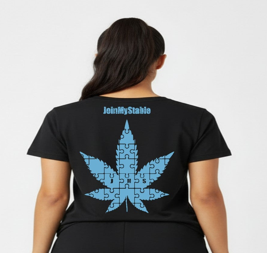 420 Friendly Ladies JMS Marijuana Leaf JoinMyStable Pigtail Puzzle Design T-shirt In Black And Baby Blue