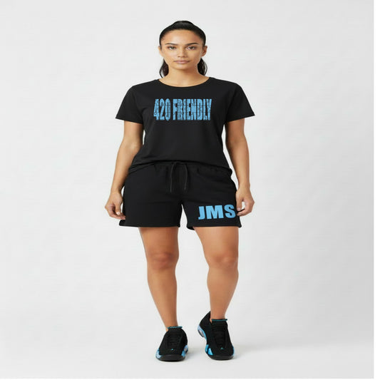 420 Friendly Ladies JMS Marijuana Leaf JoinMyStable Pigtail Puzzle Design T-shirt In Black And Baby Blue