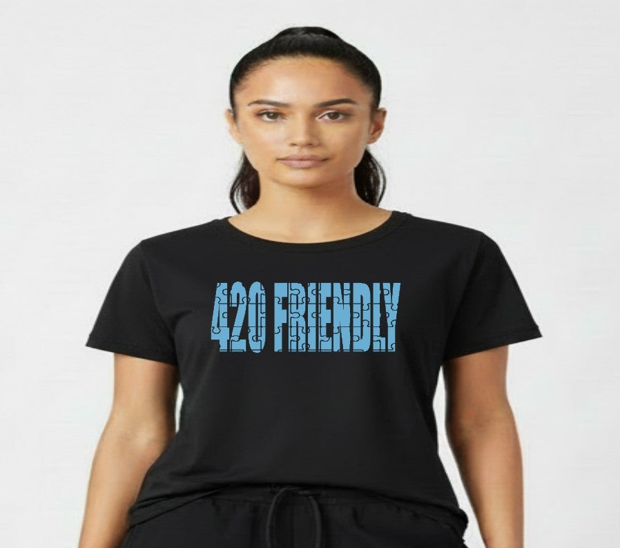 420 Friendly Ladies JMS Marijuana Leaf JoinMyStable Pigtail Puzzle Design T-shirt In Black And Baby Blue
