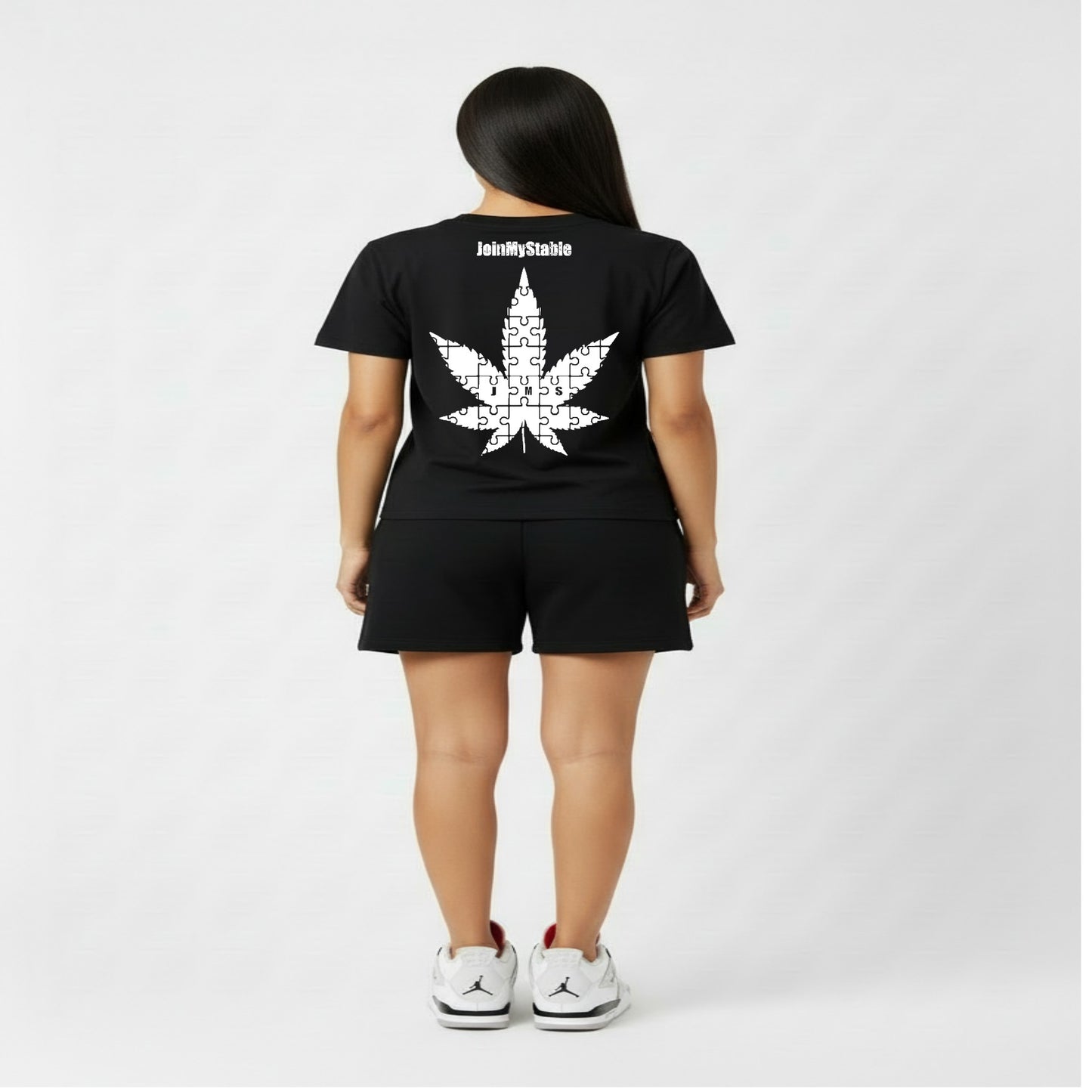 420 Friendly Ladies JMS Marijuana Leaf JoinMyStable Pigtail Puzzle Design T-shirt In Black And White