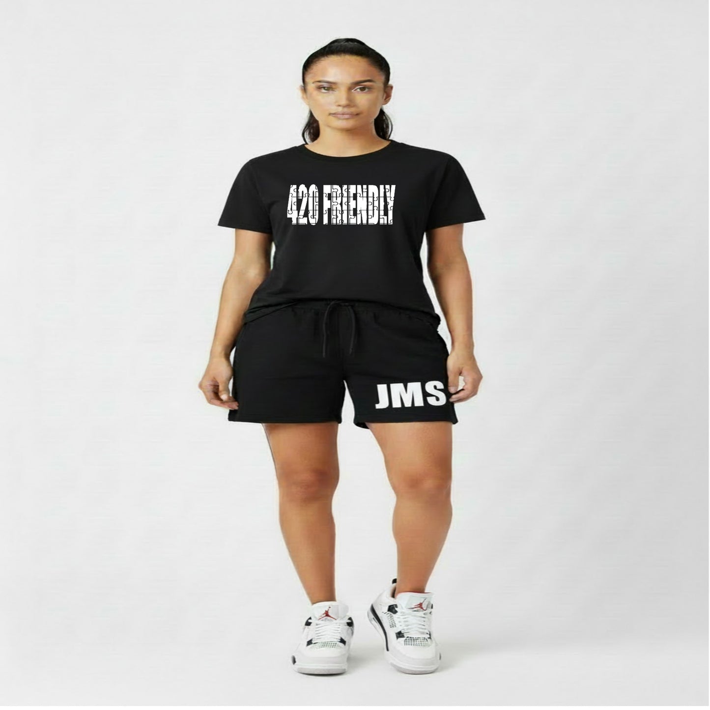 420 Friendly Ladies JMS Marijuana Leaf JoinMyStable Pigtail Puzzle Design T-shirt In Black And White