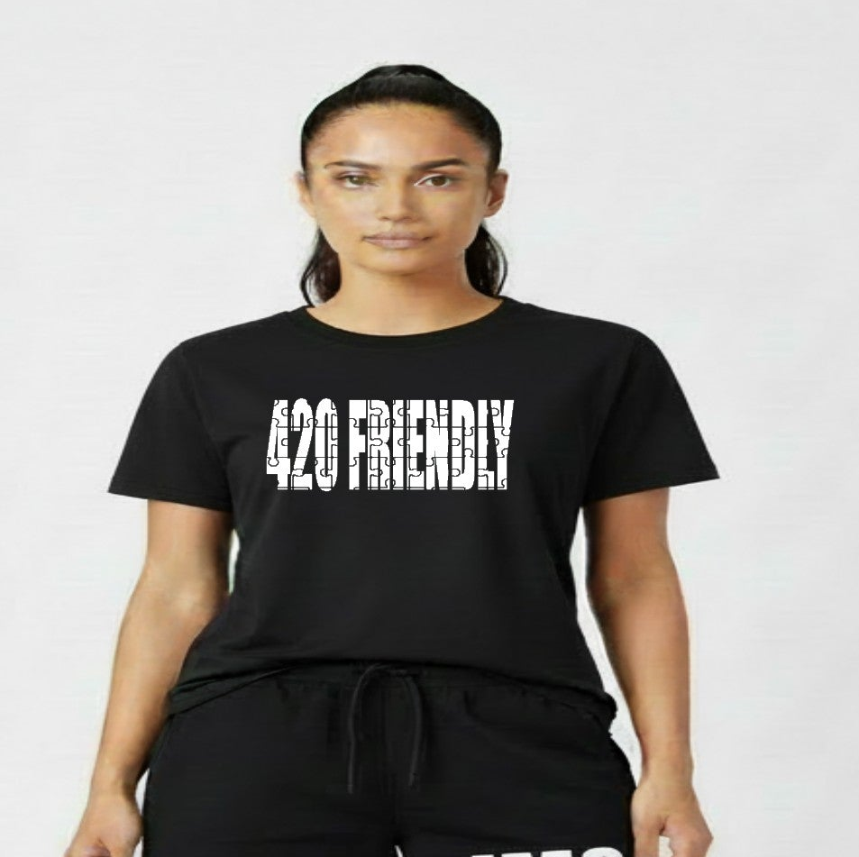 420 Friendly Ladies JMS Marijuana Leaf JoinMyStable Pigtail Puzzle Design T-shirt In Black And White