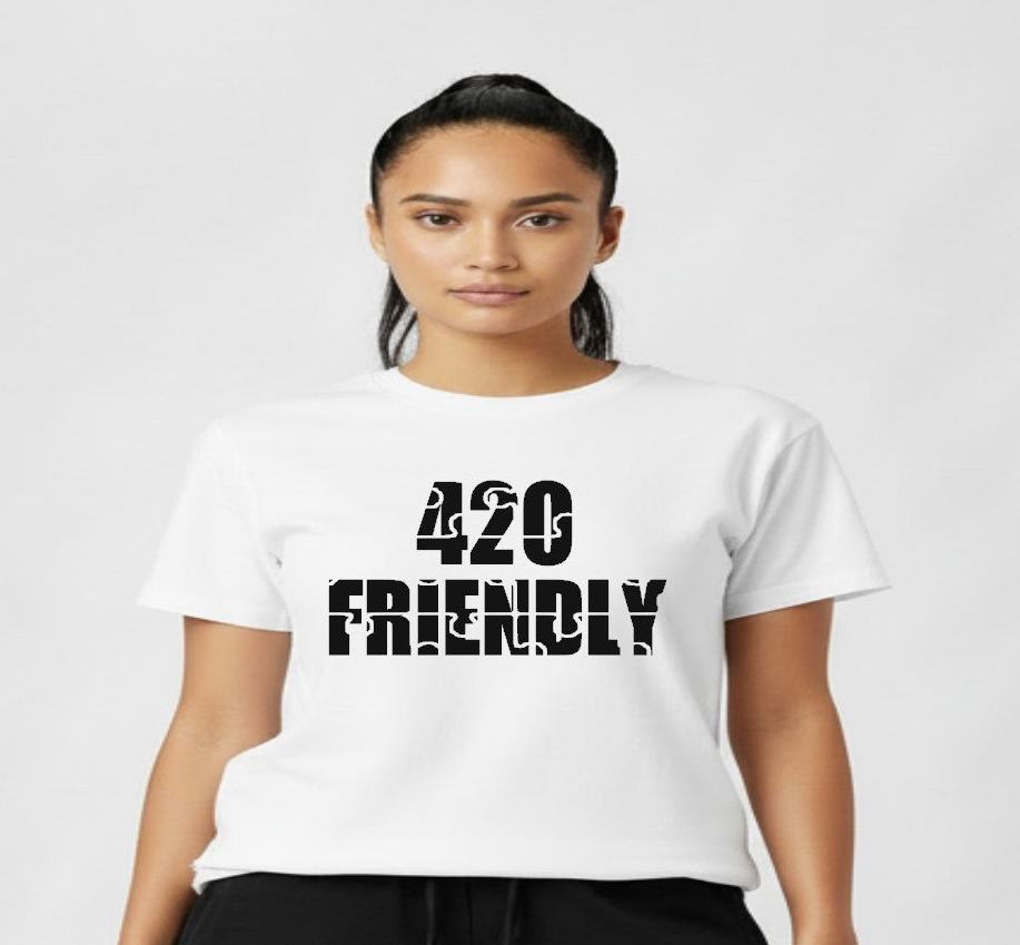 420 Friendly Ladies Stacked JMS Marijuana Leaf JoinMyStable Pigtail Puzzle Design T-shirt In White And Black