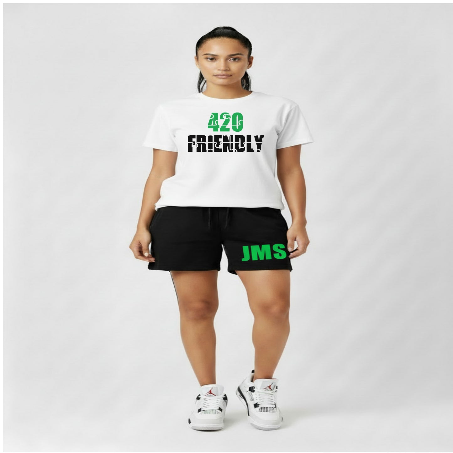420 Friendly Ladies Stacked JMS Marijuana Leaf JoinMyStable Pigtail Puzzle Design T-shirt In White Green And Black