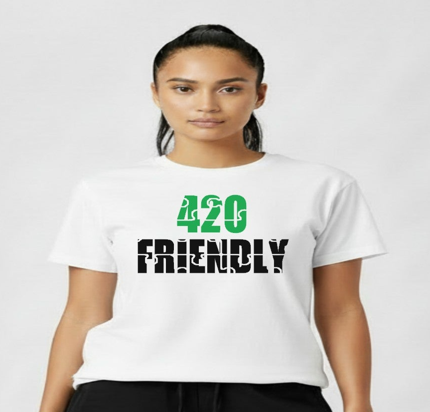 420 Friendly Ladies Stacked JMS Marijuana Leaf JoinMyStable Pigtail Puzzle Design T-shirt In White Green And Black