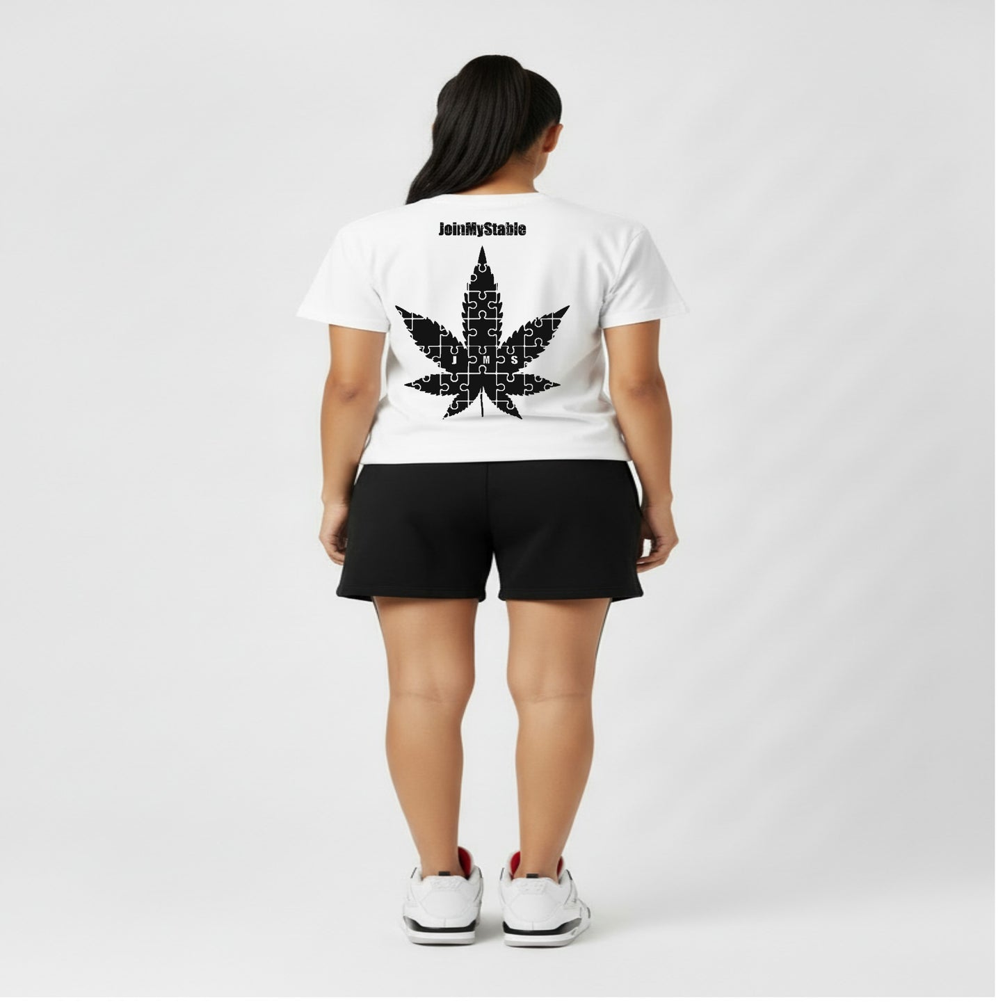 420 Friendly Ladies JMS Marijuana Leaf JoinMyStable Pigtail Puzzle Design T-shirt In White And Black