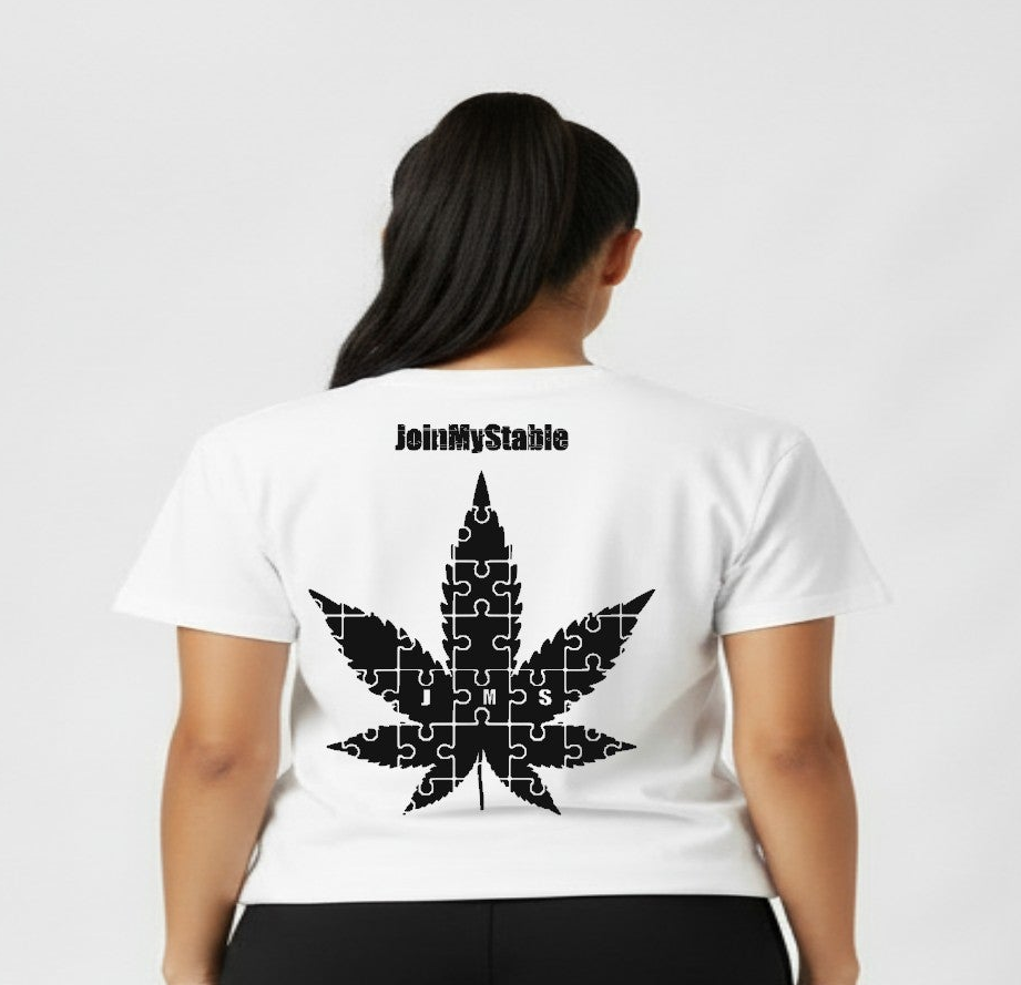420 Friendly Ladies JMS Marijuana Leaf JoinMyStable Pigtail Puzzle Design T-shirt In White And Black