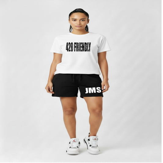 420 Friendly Ladies JMS Marijuana Leaf JoinMyStable Pigtail Puzzle Design T-shirt In White And Black