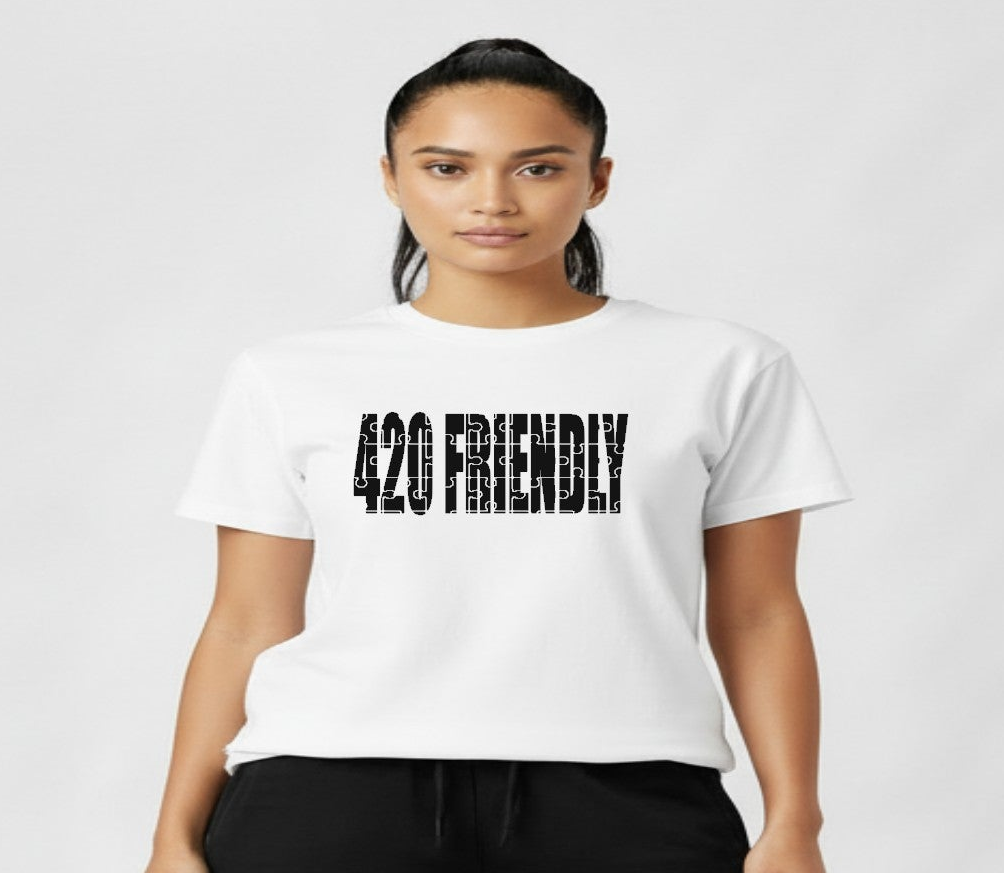 420 Friendly Ladies JMS Marijuana Leaf JoinMyStable Pigtail Puzzle Design T-shirt In White And Black