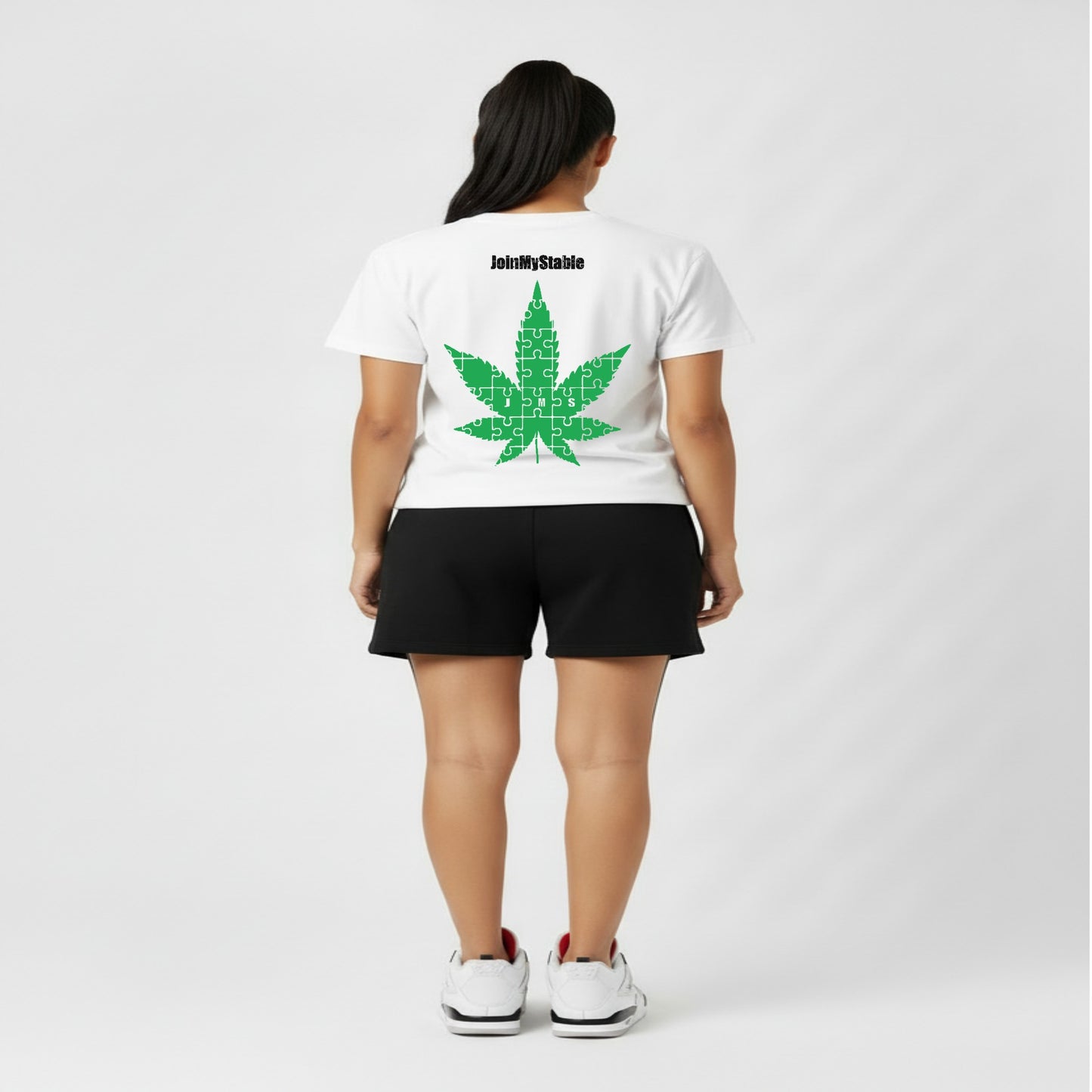 420 Friendly Ladies JMS Marijuana Leaf JoinMyStable Pigtail Puzzle Design T-shirt In White Green And Black