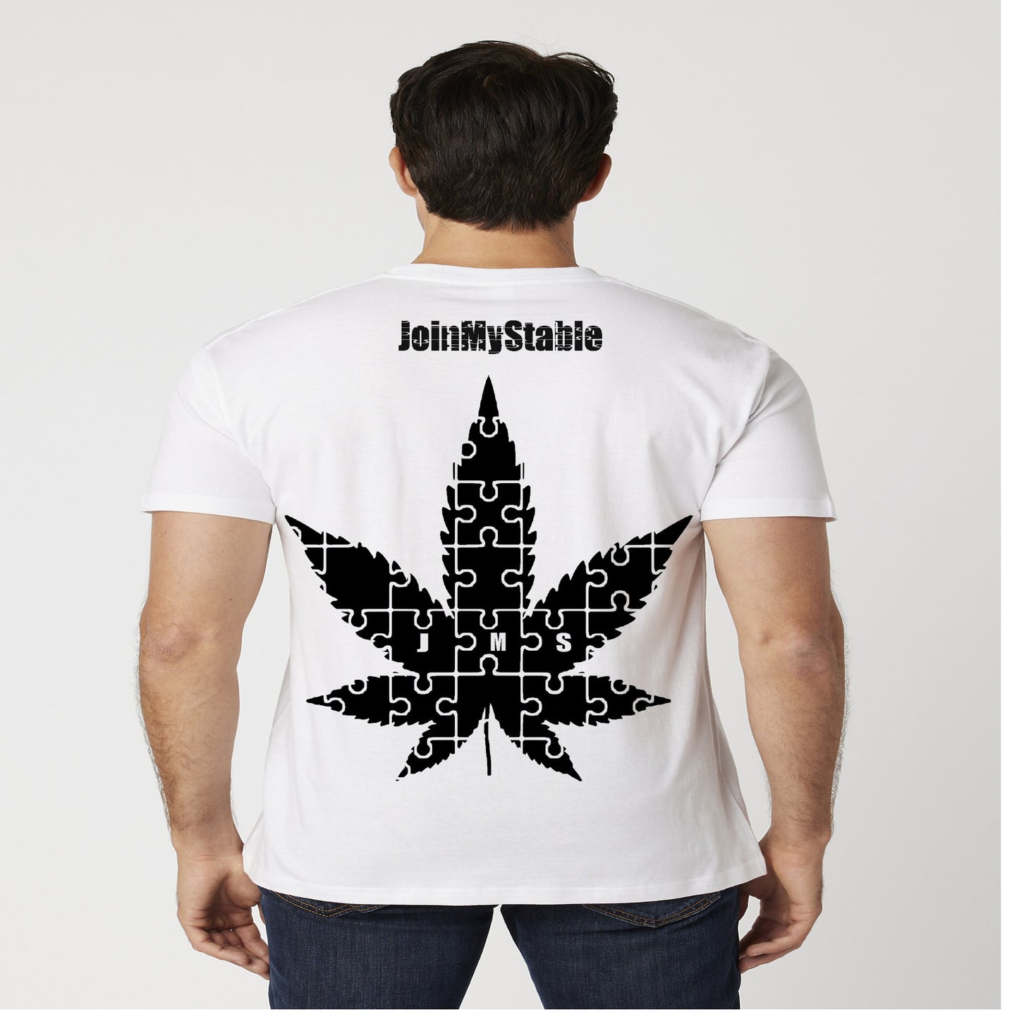 420 Friendly JMS Marijuana Leaf JoinMyStable Pigtail Puzzle Design T-shirt In White And Black