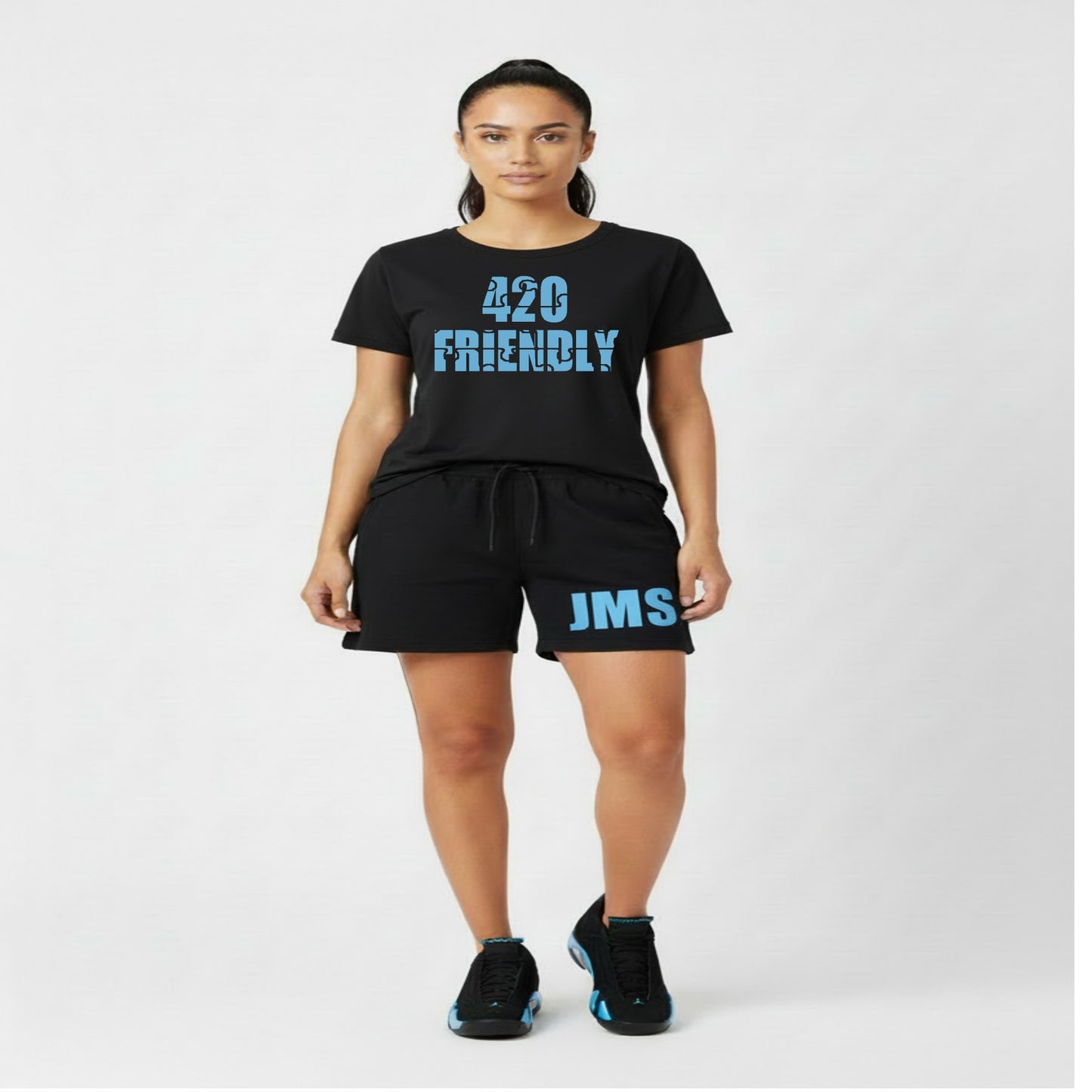 420 Friendly Ladies Stacked JMS Marijuana Leaf JoinMyStable Pigtail Puzzle Design T-shirt In Black And Baby Blue