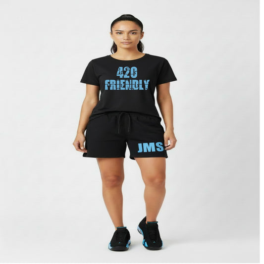 420 Friendly Ladies Stacked JMS Marijuana Leaf JoinMyStable Pigtail Puzzle Design T-shirt In Black And Baby Blue