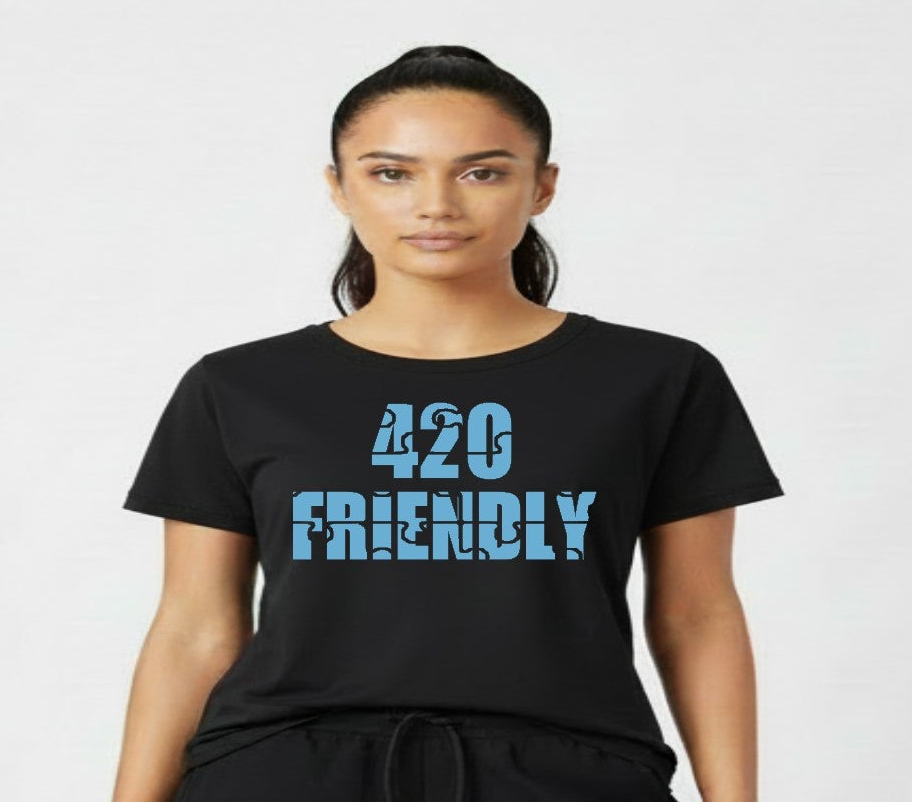 420 Friendly Ladies Stacked JMS Marijuana Leaf JoinMyStable Pigtail Puzzle Design T-shirt In Black And Baby Blue