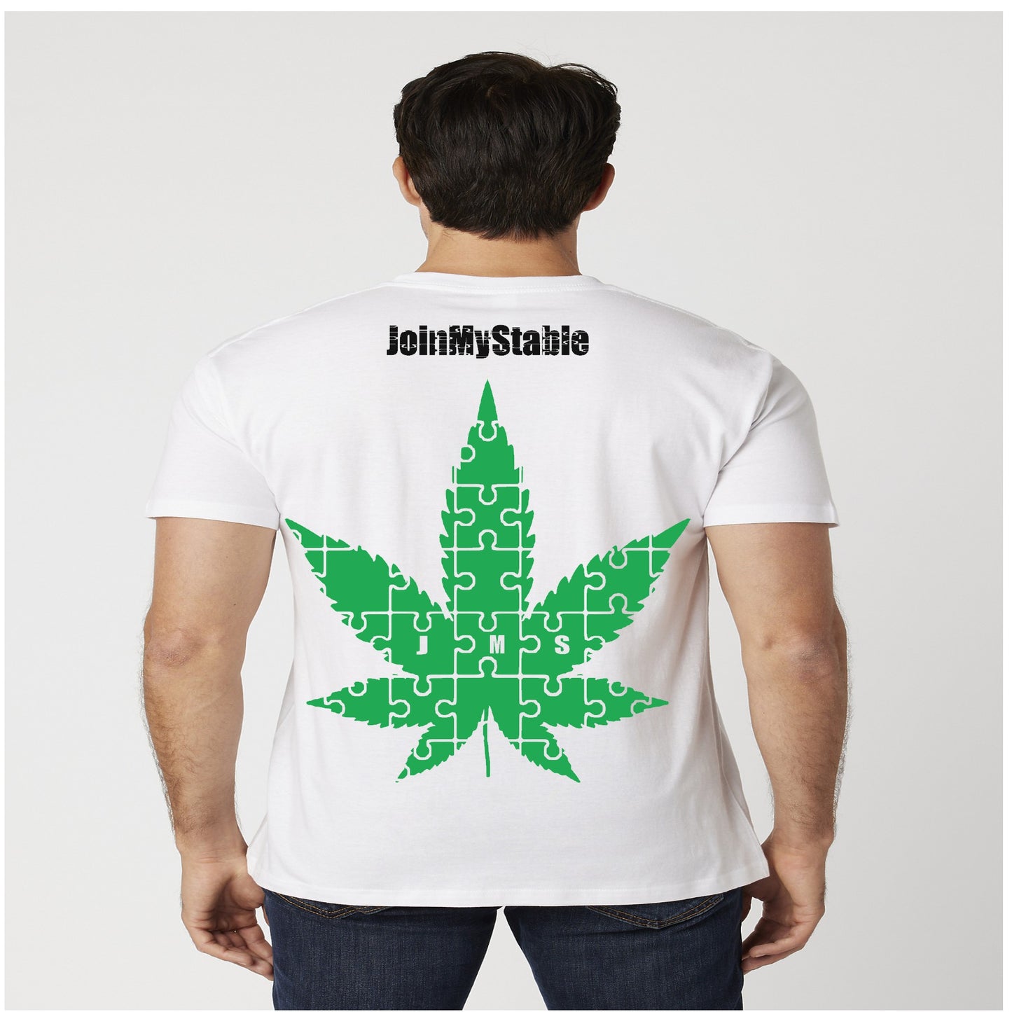 420 Friendly JMS Marijuana Leaf JoinMyStable Pigtail Puzzle Design T-shirt In White Green And Black