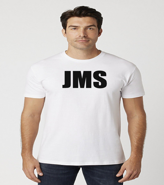 Men's White And Black JMS Across The Chest JoinMyStable Pigtail Short Sleeve T-shirt