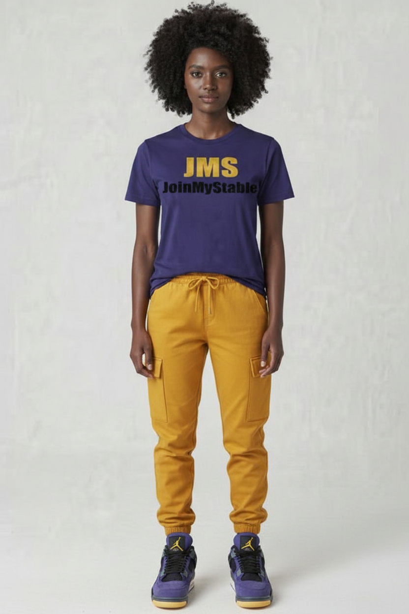 JMS Afro Lady – Mustard Cargo + Lakers Jordan 4s