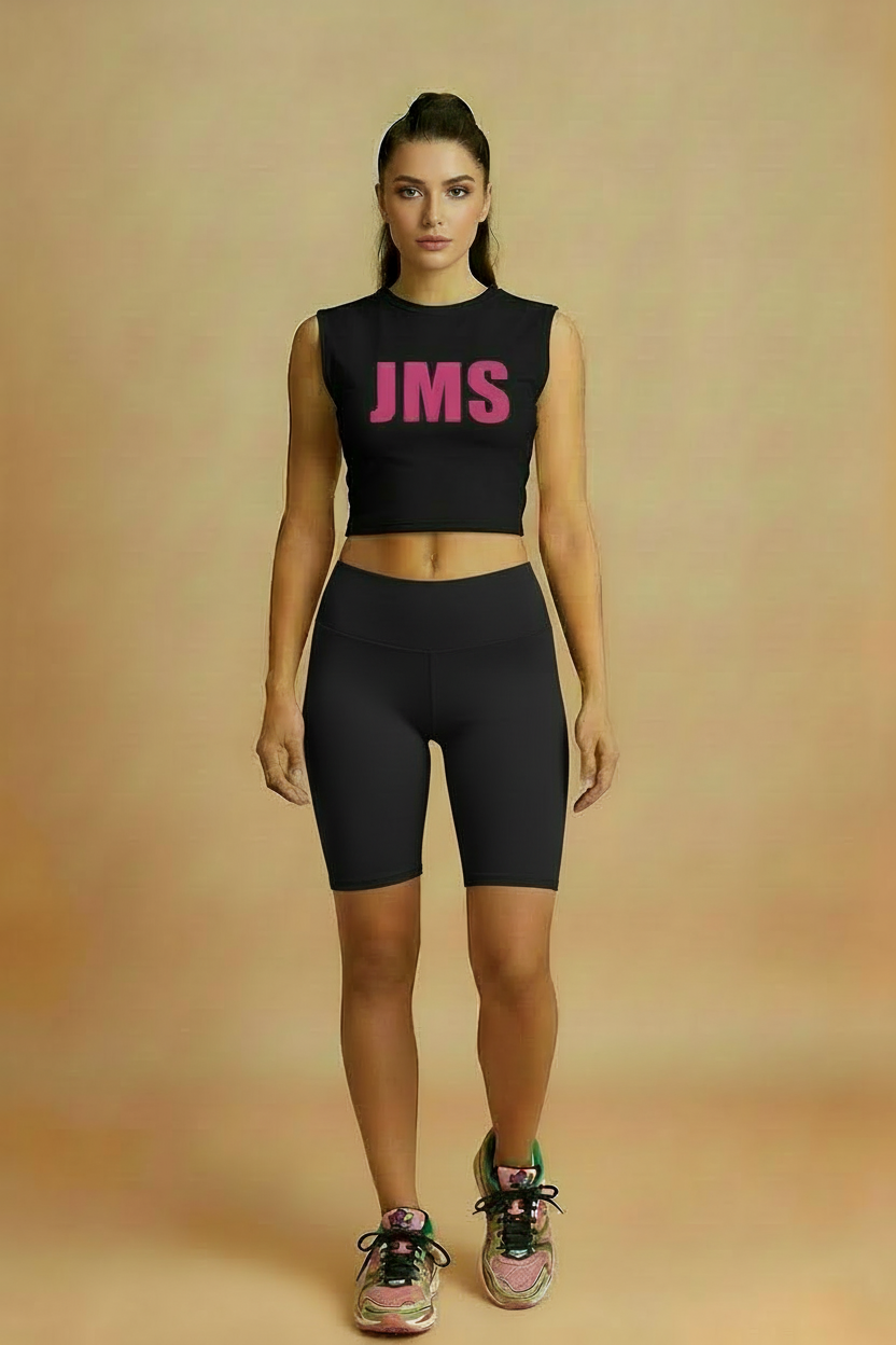 JMS Black Crop Top with Black Biker Shorts