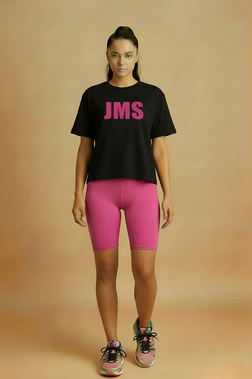 JMS Black Tee with Pink Logo and Floral Sneakers