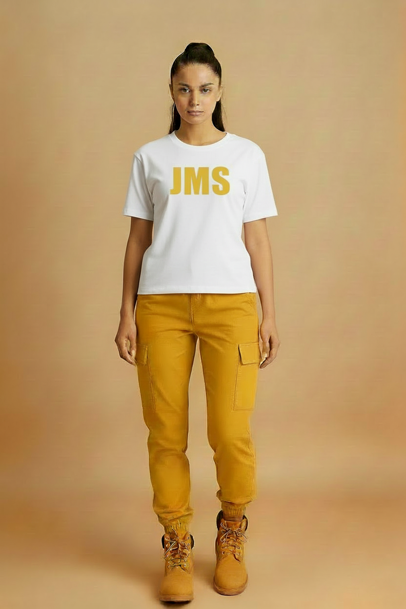 JMS Ladies Cut Tee with Mustard Yellow Letters