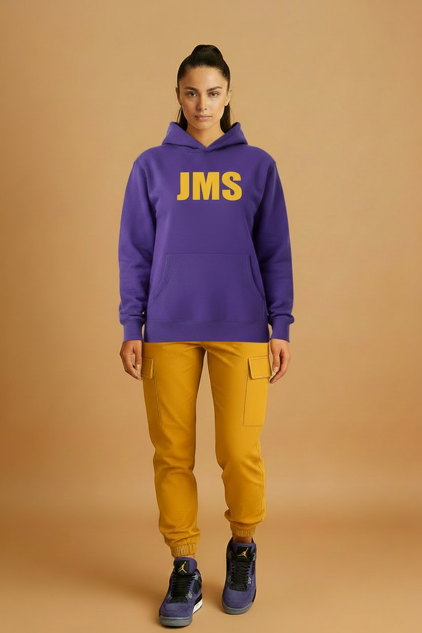 JMS Purple Hoodie with Mustard Cargo Pants and Jordan 4s