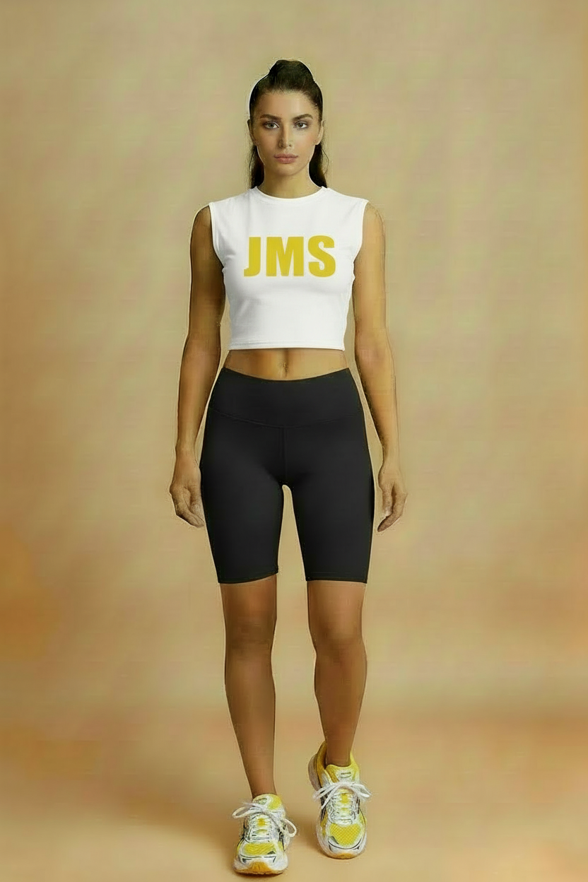 JMS White Crop Top Yellow Logo Black Shorts