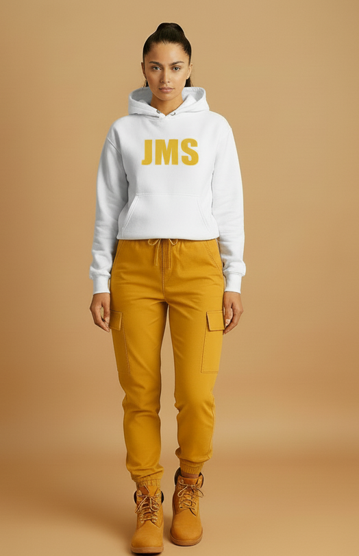 JMS Across The Chest Joinmystable Pigtail White And Mustard Yellow Hoodie