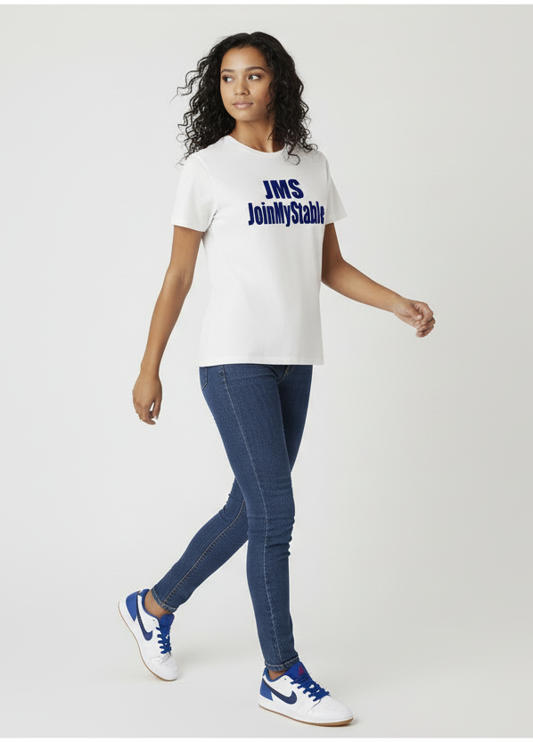 JMS White Tee Pose 2 Walking Stride