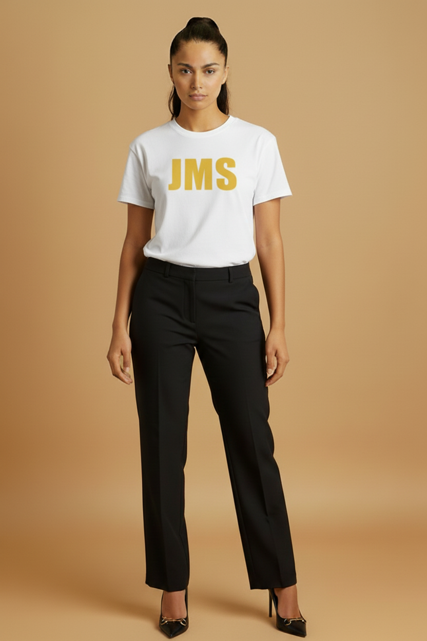 JMS White Tee Tucked In with Black Slacks & Pumps