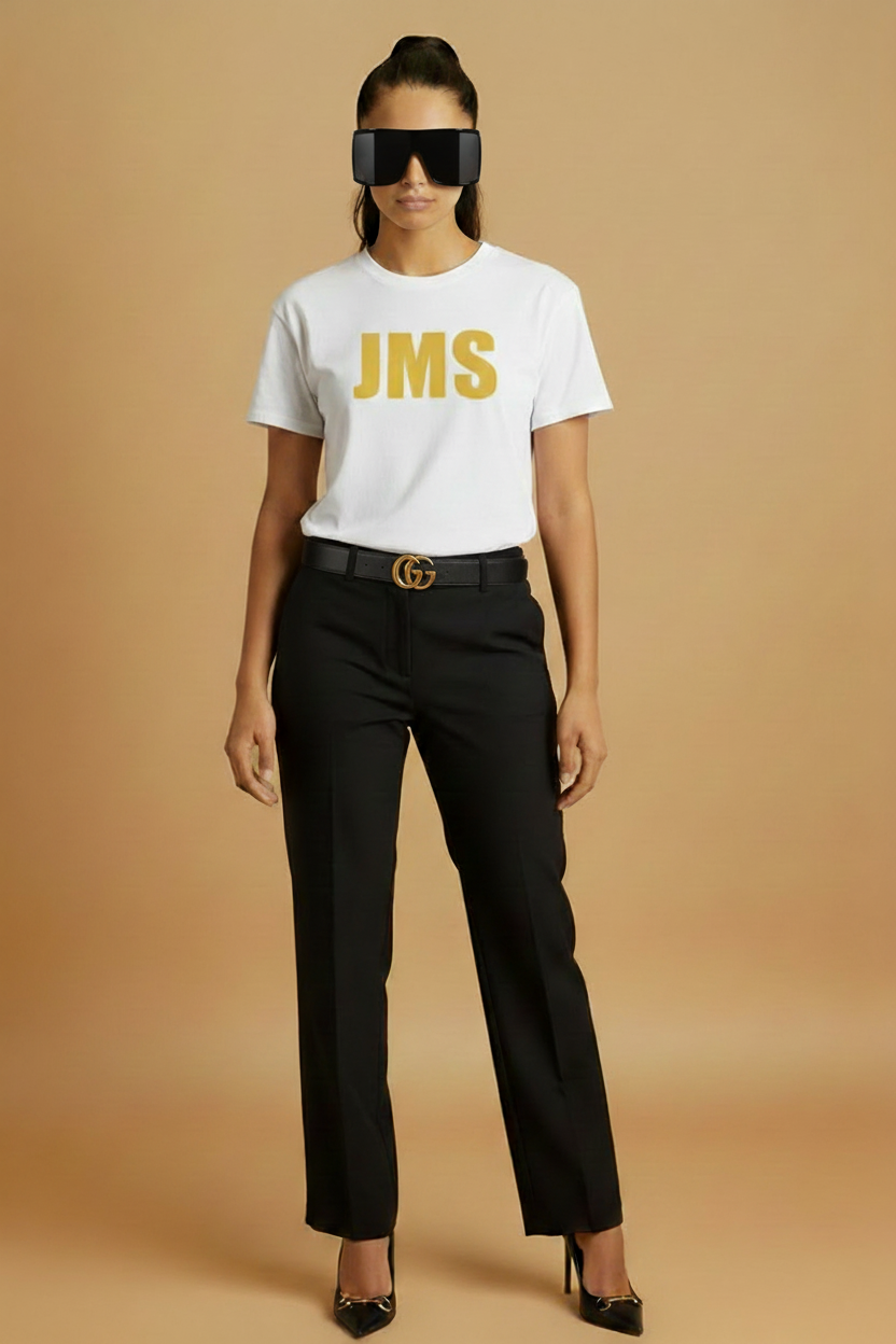 JMS White Tee with GG Belt & Exact Shield Shades