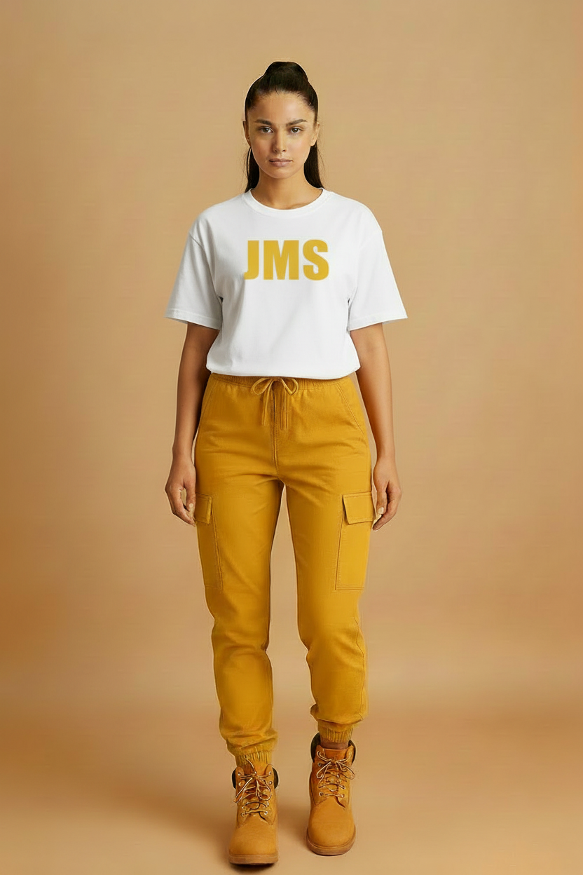 JMS White Tee with Mustard Yellow Letters