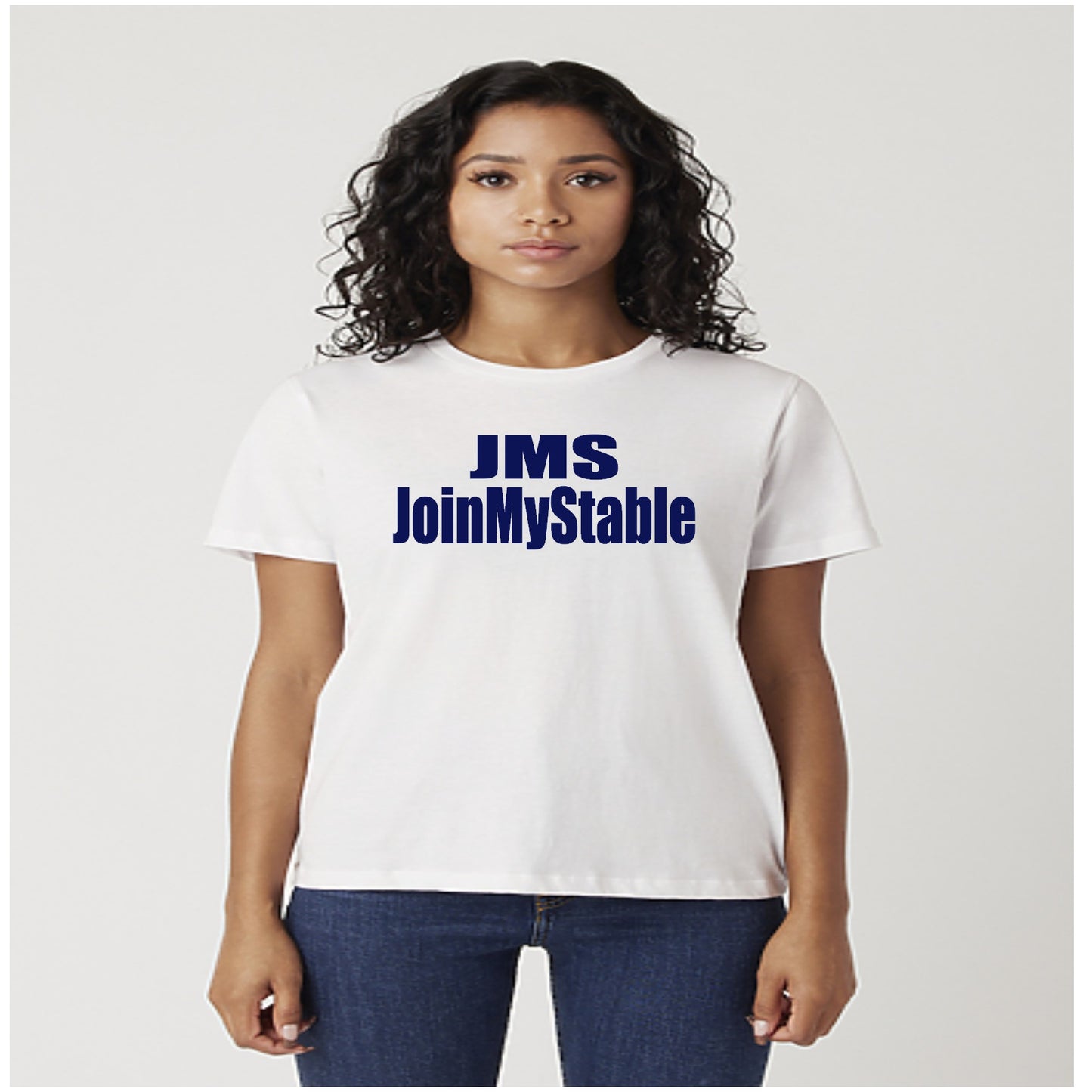 JMS JoinMyStable Ladies White And Navy Blue Classic T-shirt
