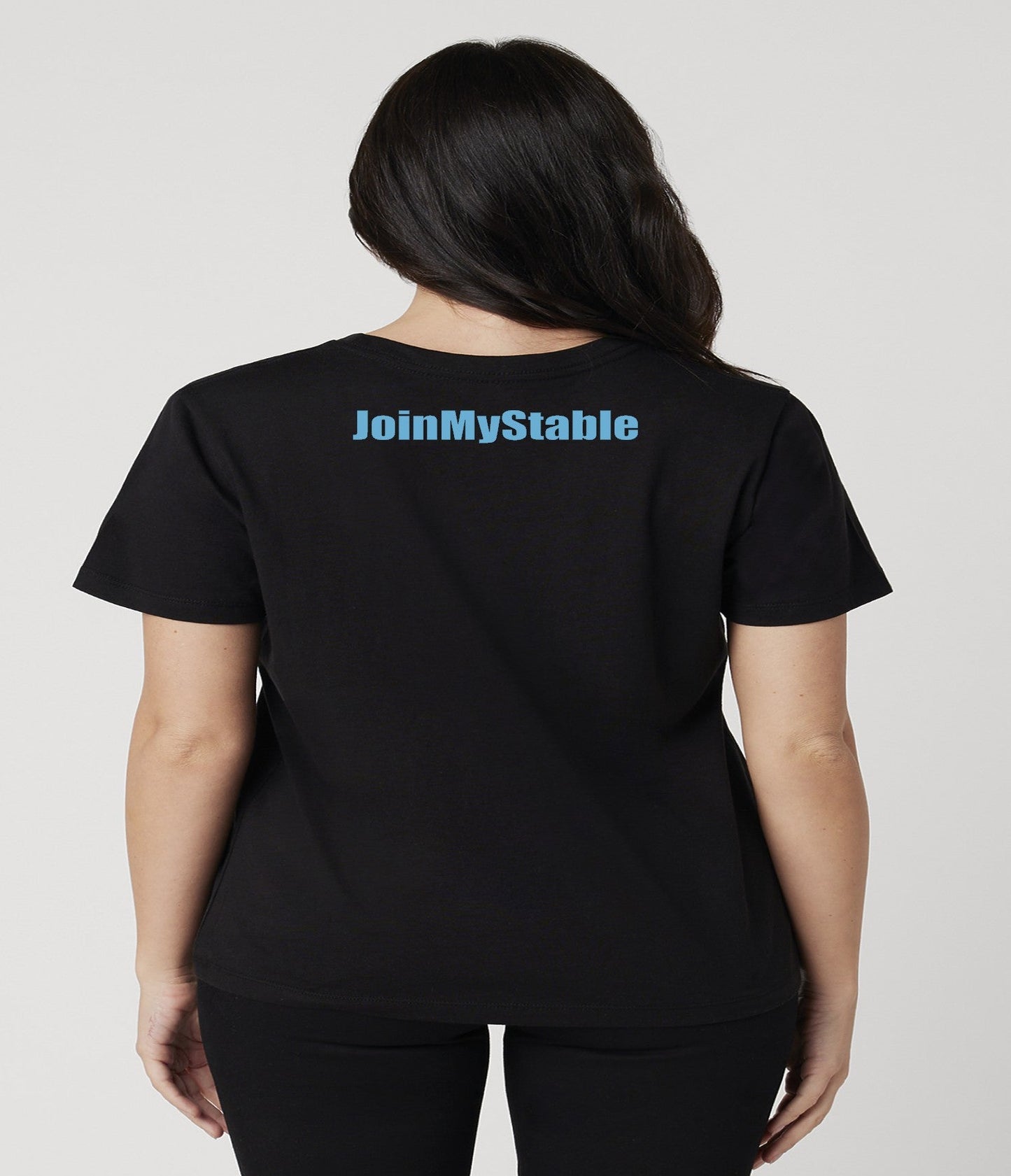 Ladies Black And Baby Blue JMS Across The Chest JoinMyStable Pigtail Short Sleeve T-shirt