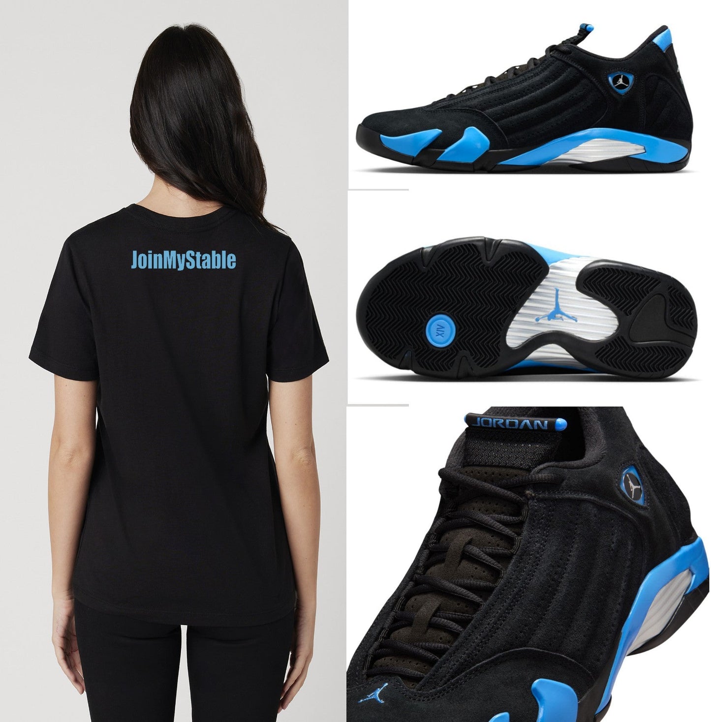 Ladies Black And Baby Blue JMS Across The Chest JoinMyStable Pigtail Short Sleeve T-shirt