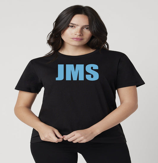 Ladies Black And Baby Blue JMS Across The Chest JoinMyStable Pigtail Short Sleeve T-shirt
