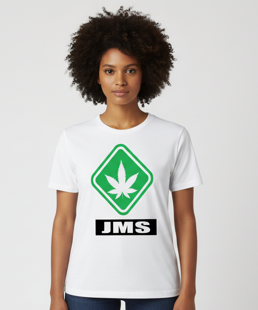 Ladies JMS Hazardous Marijuana Stamp T-shirt In White Green And Black Travis Scott Jordan Jumpman Match