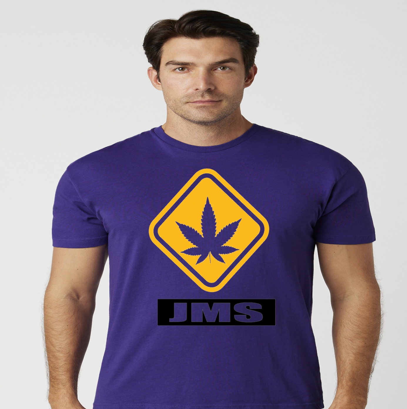 Men's JMS Hazardous Marijuana Stamp T-shirt In Purple Mustard Yellow And Black Jordan 4's Retro Lakers Match