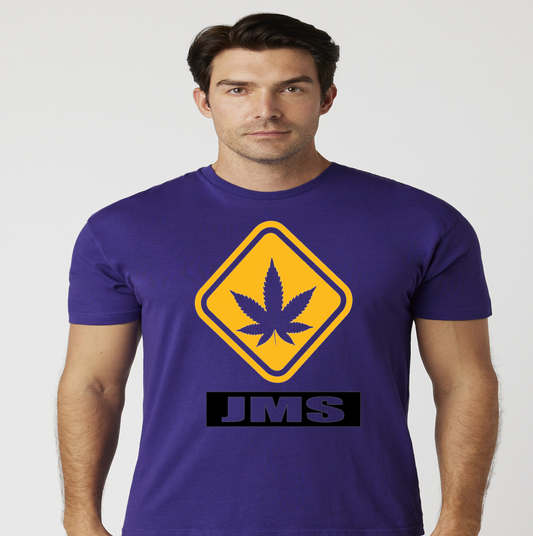 Men's JMS Hazardous Marijuana Stamp T-shirt In Purple Mustard Yellow And Black Jordan 4's Retro Lakers Match