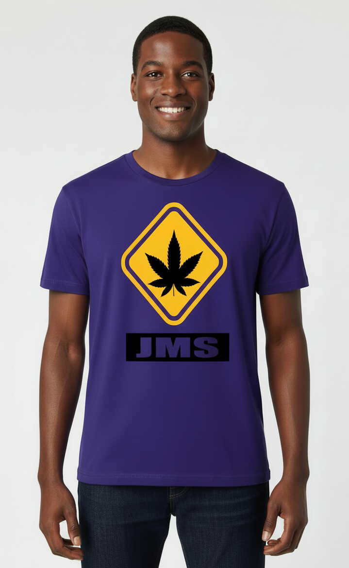 Men's JMS Hazardous Marijuana Stamp T-shirt In Purple Mustard Yellow And Black Jordan 4's Retro Lakers Match