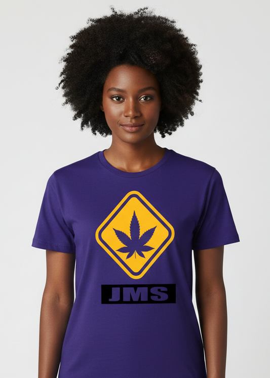 JMS Hazardous Marijuana Stamp T-shirt In Purple Mustard Yellow And Black Jordan 4's Retro Lakers Match