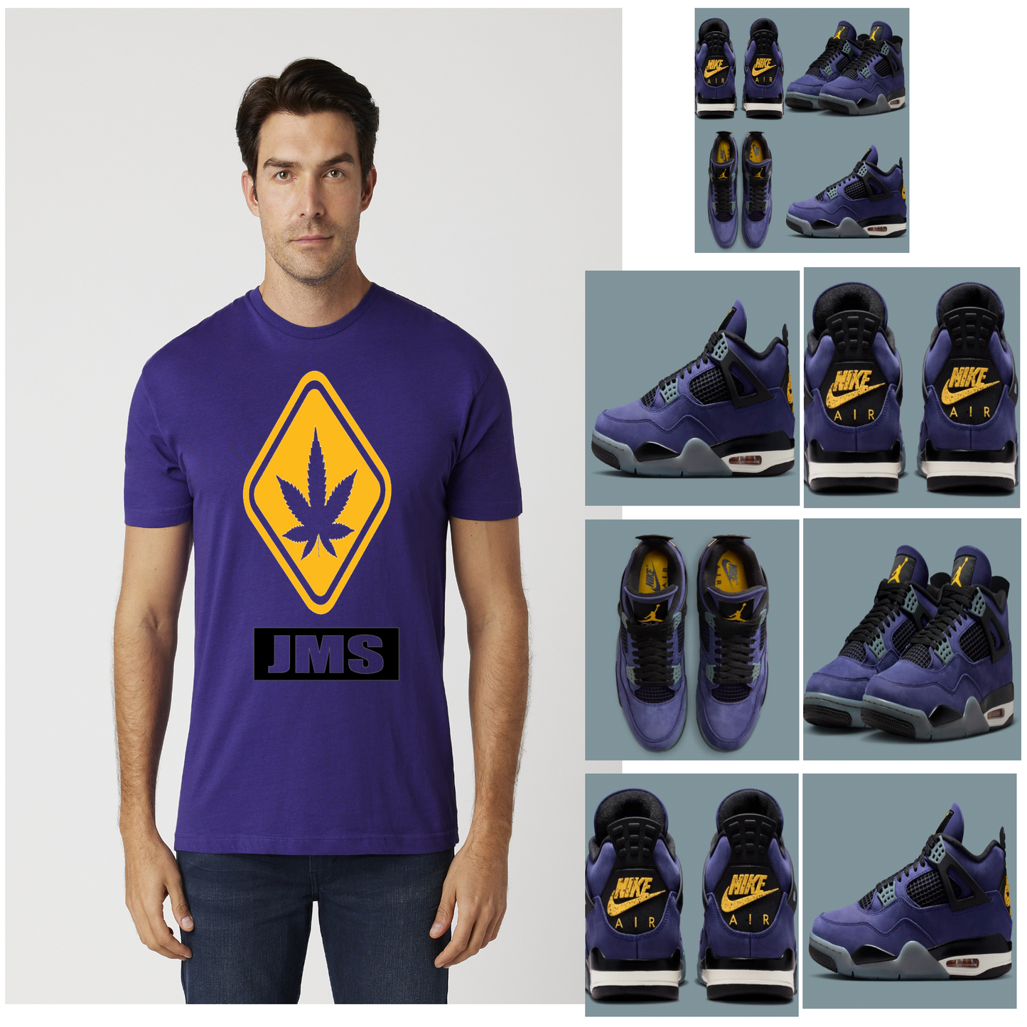 Men's JMS Hazardous Marijuana Stamp T-shirt In Purple Mustard Yellow And Black Jordan 4's Retro Lakers Match