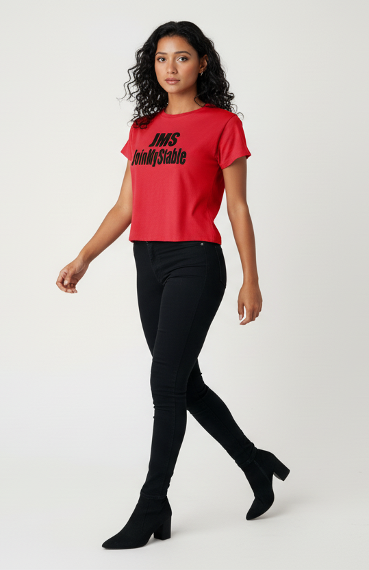 Red Tee JMS Pose 2 Walking Stride
