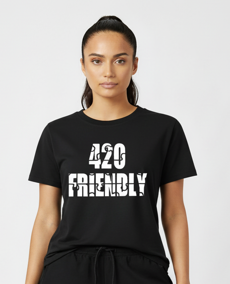 420 Friendly Ladies Stacked JMS Marijuana Leaf JoinMyStable Pigtail Puzzle Design T-shirt In Black And White