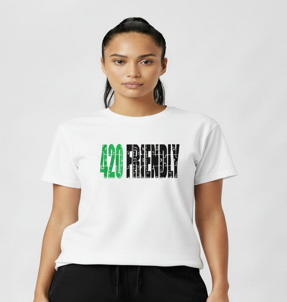 420 Friendly Ladies JMS Marijuana Leaf JoinMyStable Pigtail Puzzle Design T-shirt In White Green And Black